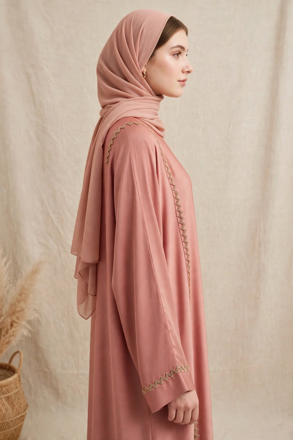 Peach Stonework Abaya - ZIGZAG