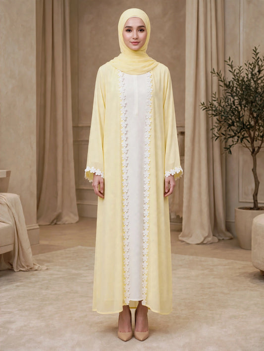 LEMON & White Open Front Abaya with Matching Chiffon Hijab- INAARA