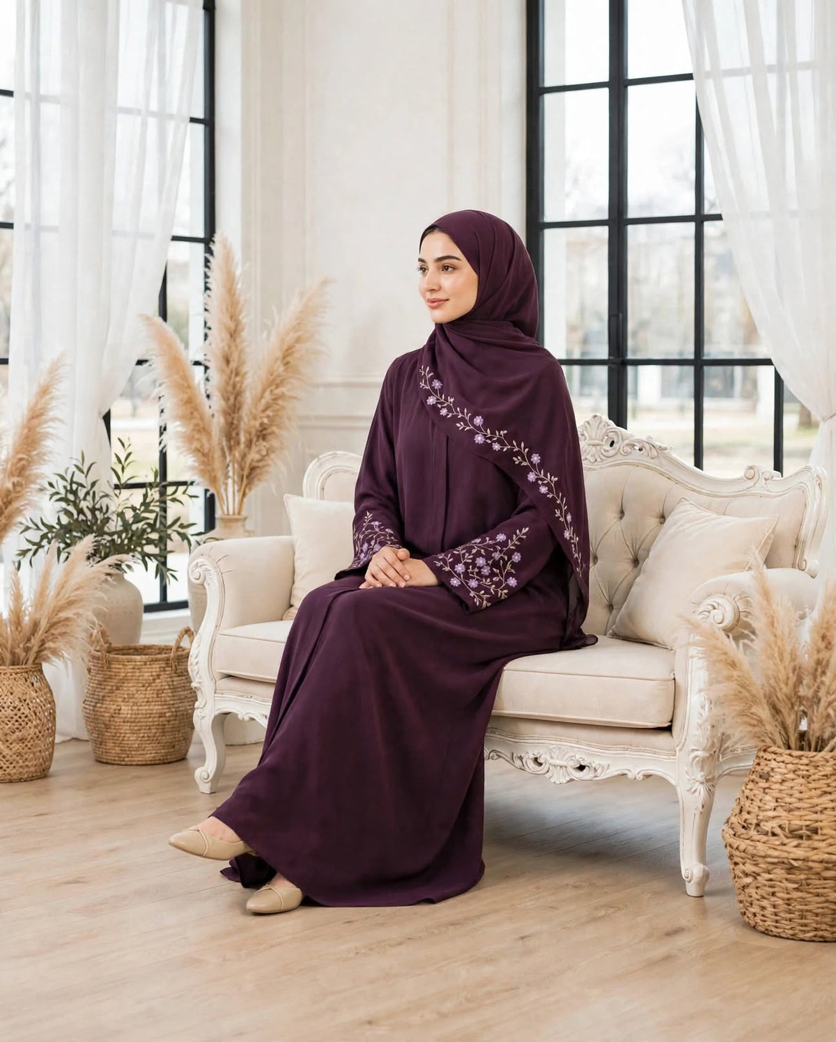 Floral Embroidered Abaya - Plum Floral