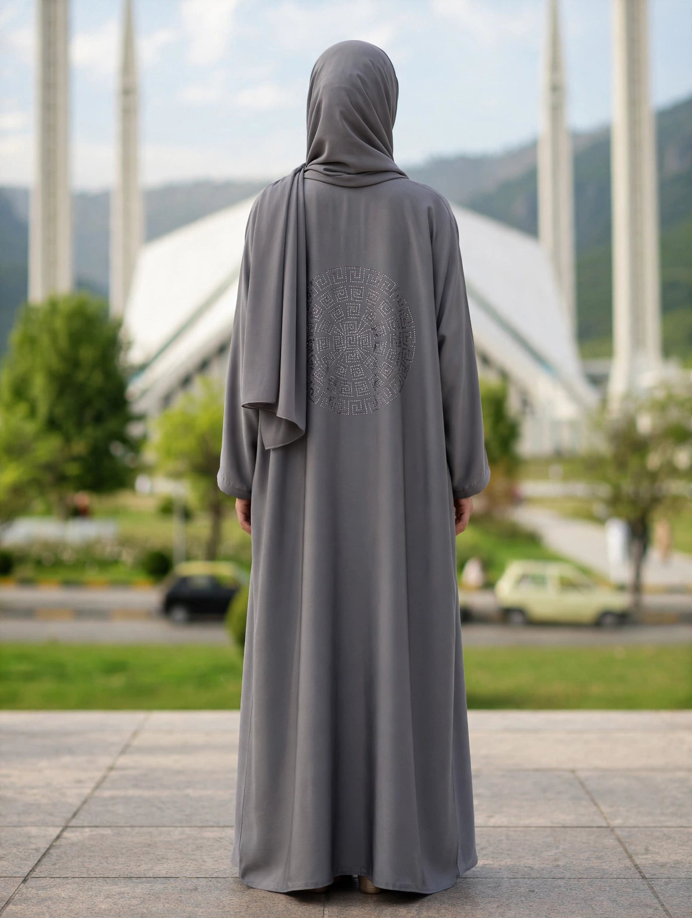 Grey Embellished Open Abaya - VERSACE
