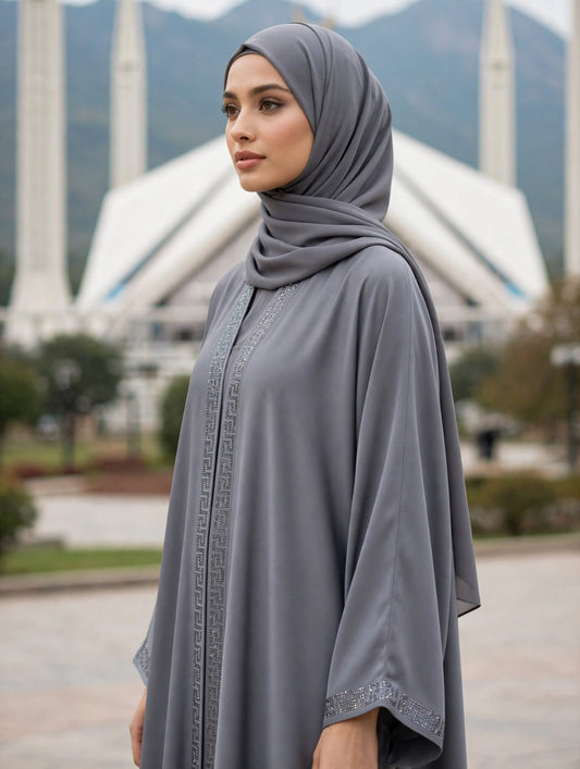 Grey Embellished Open Abaya - VERSACE