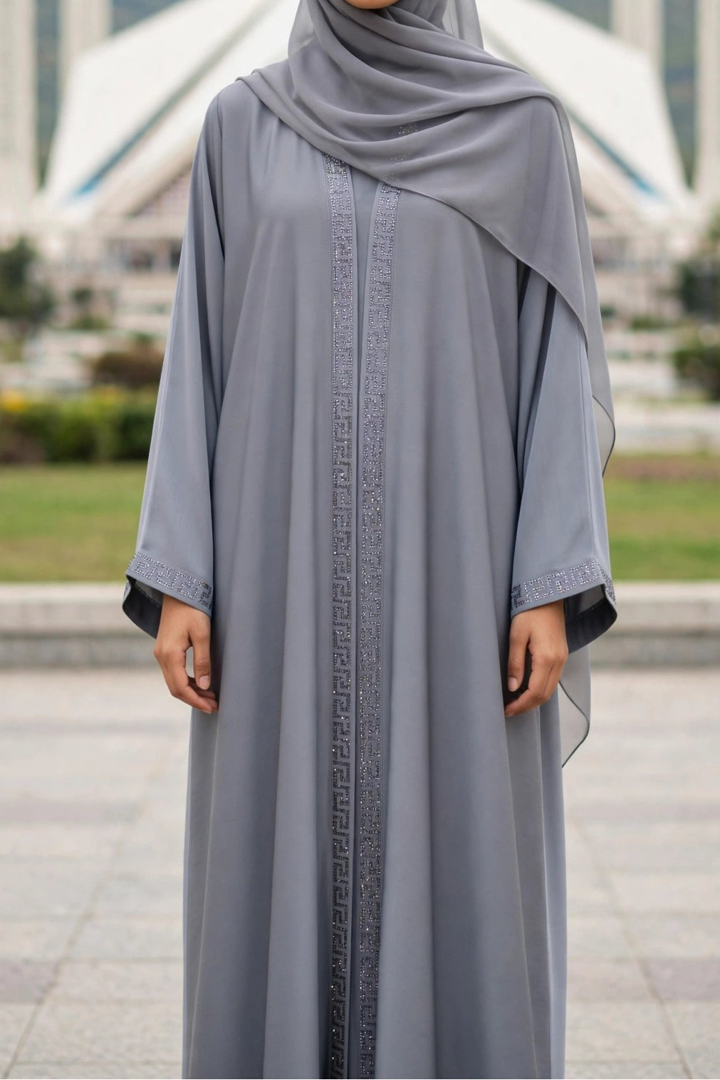 Grey Embellished Open Abaya - VERSACE