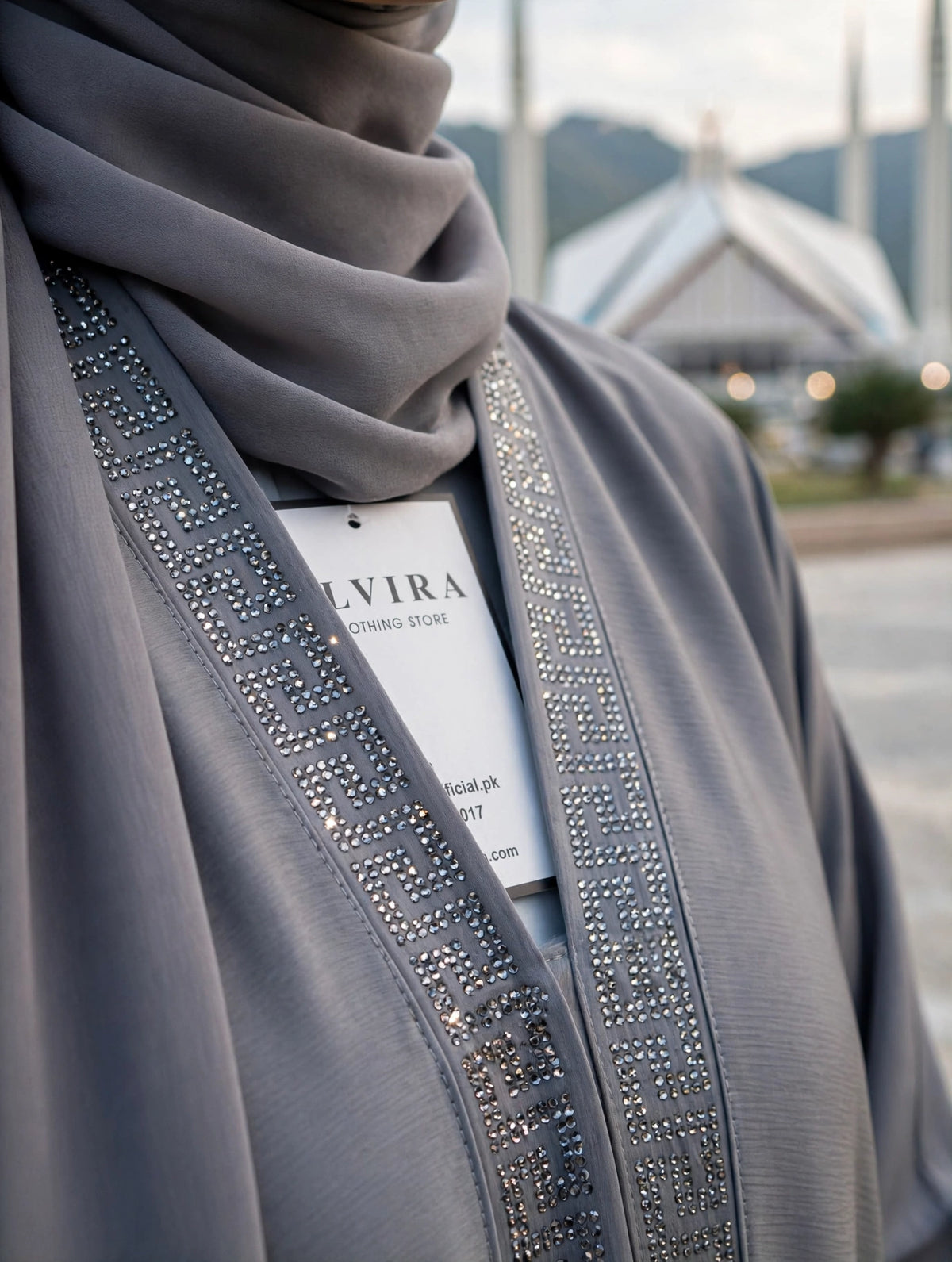 Grey Embellished Open Abaya - VERSACE