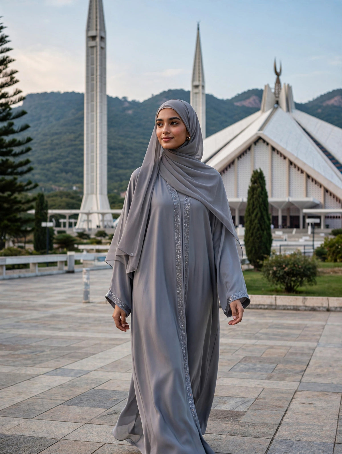 Grey Embellished Open Abaya - VERSACE