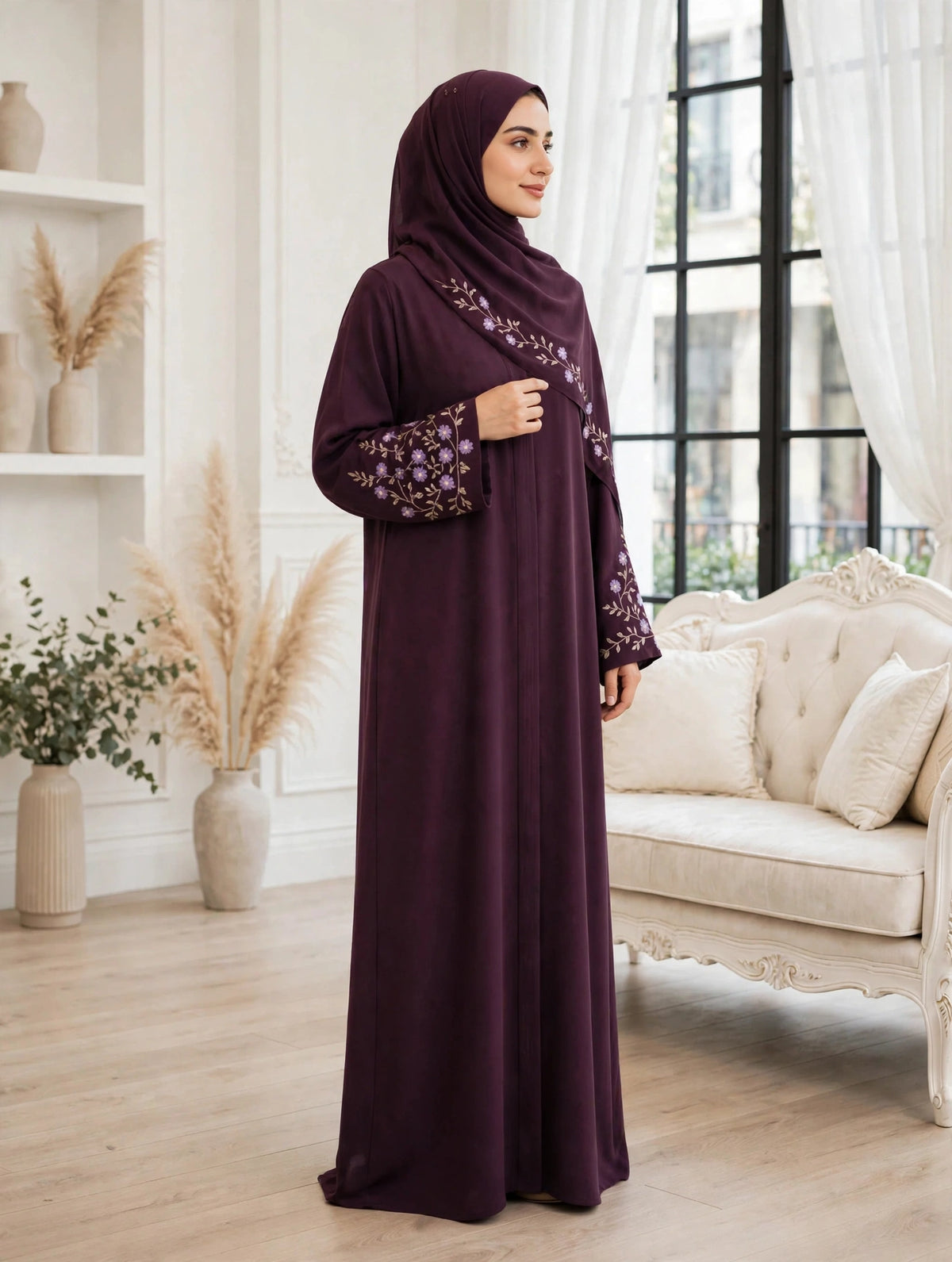 Floral Embroidered Abaya - Plum Floral