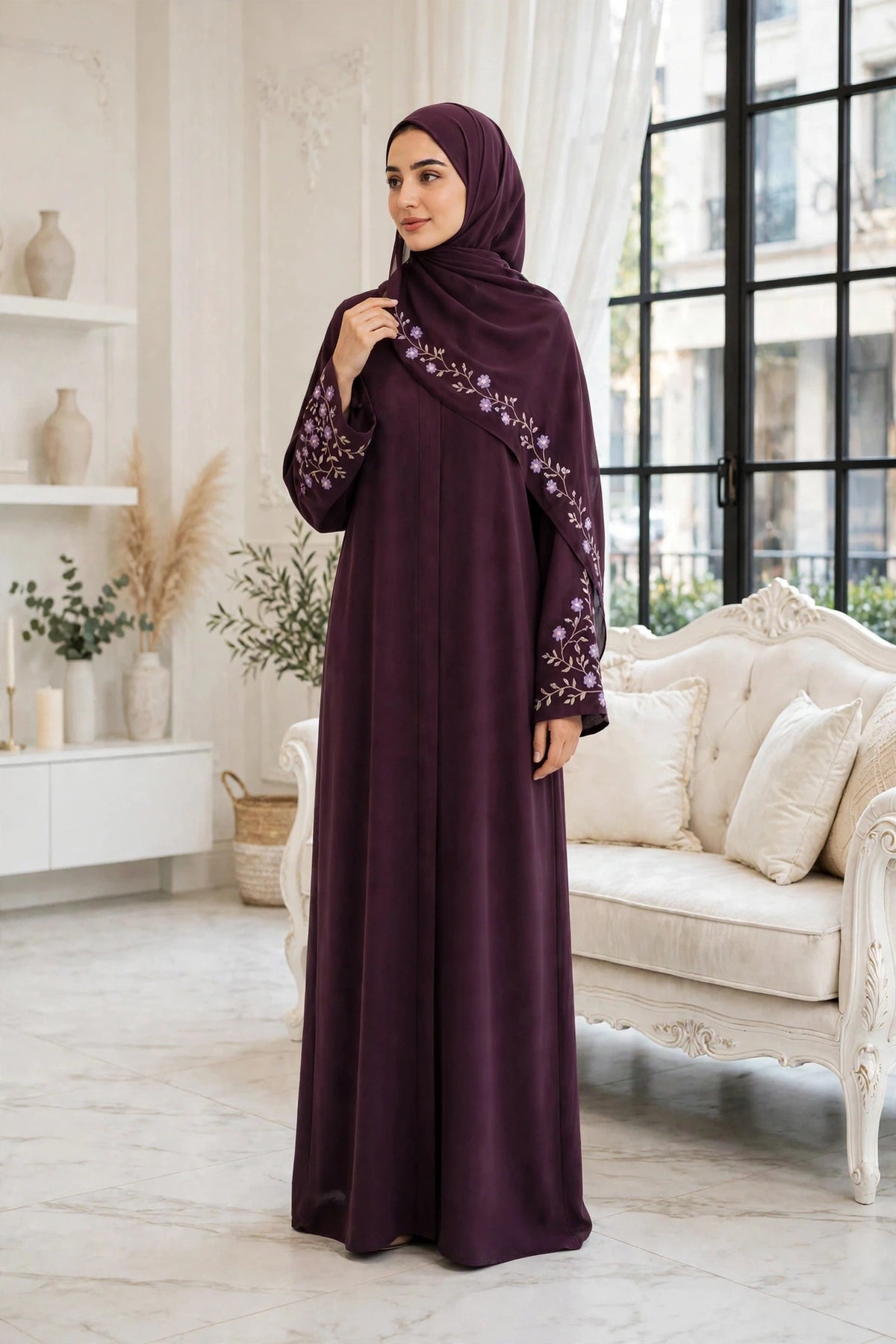 Floral Embroidered Abaya - Plum Floral