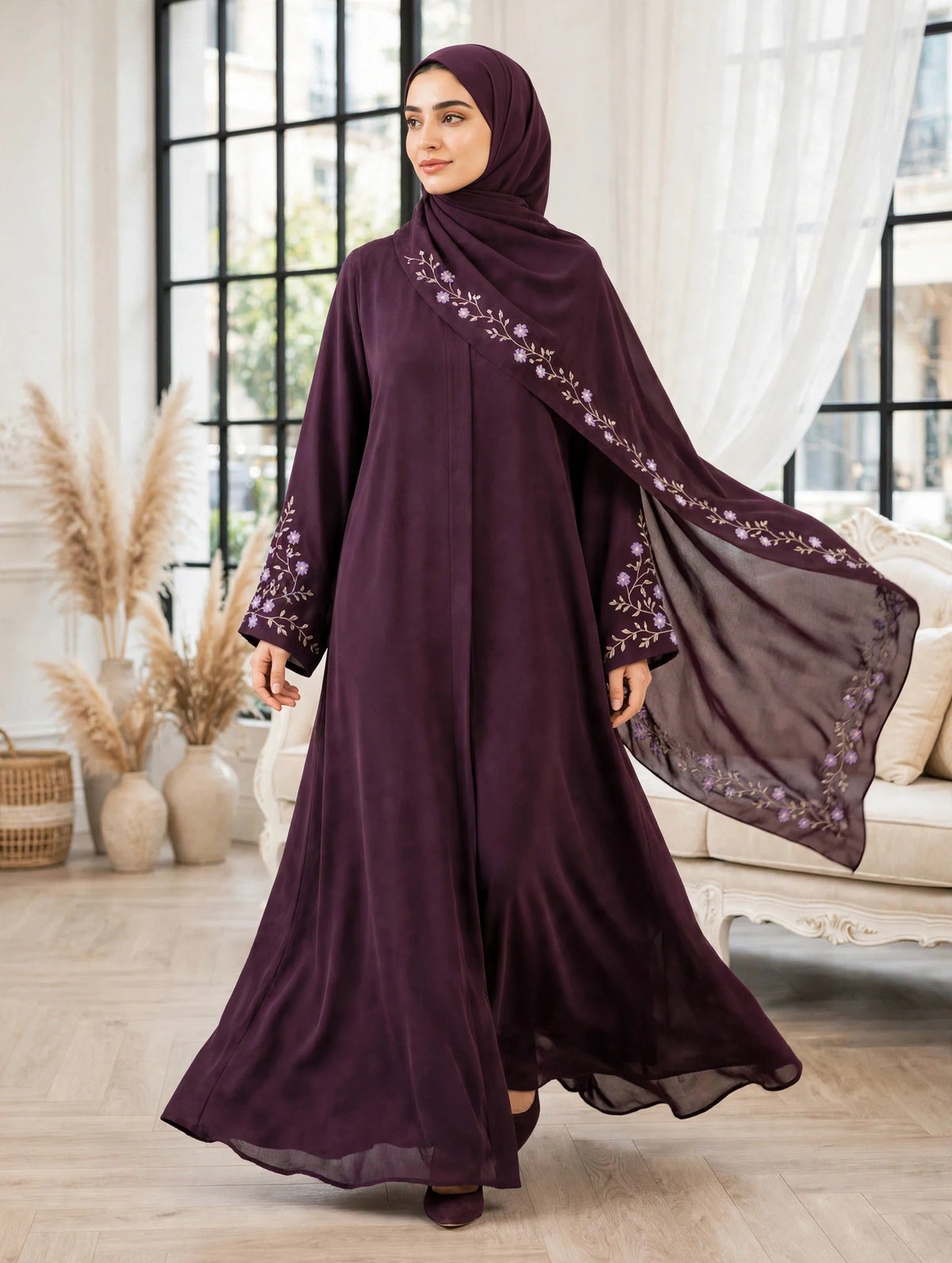 Floral Embroidered Abaya - Plum Floral
