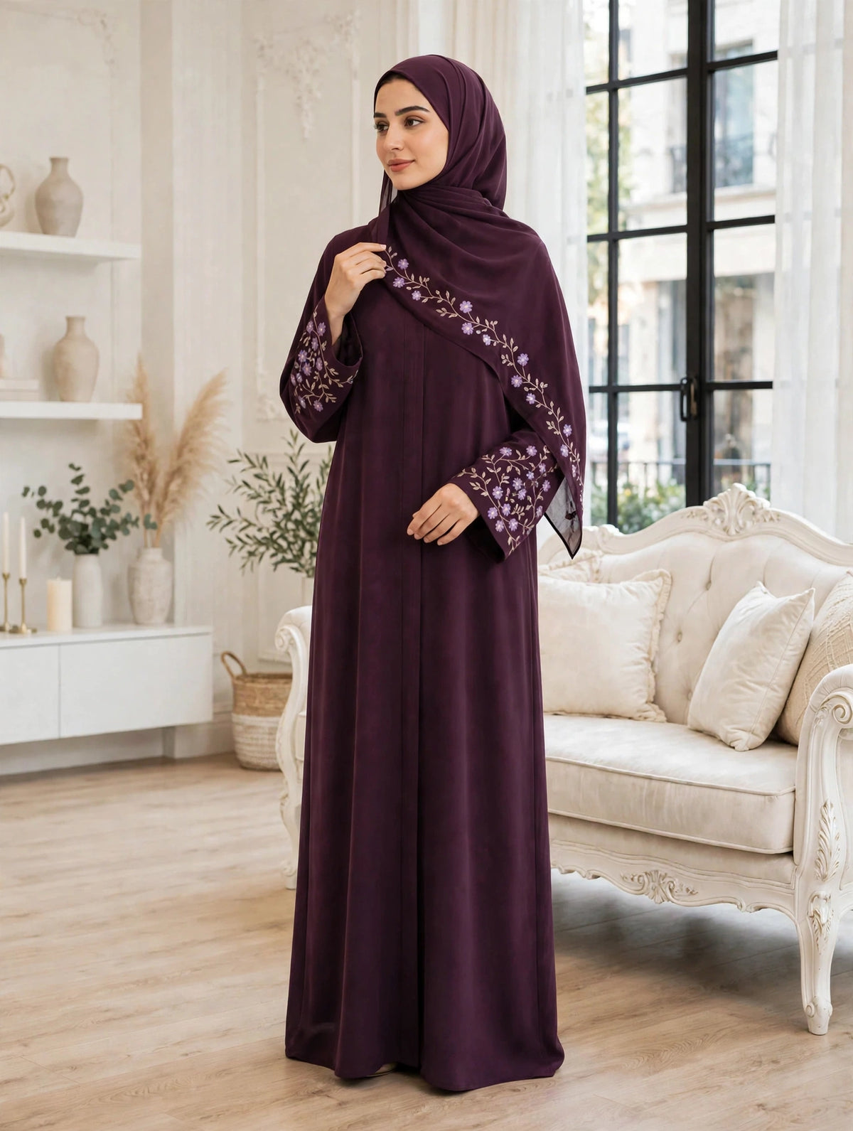 Floral Embroidered Abaya - Plum Floral