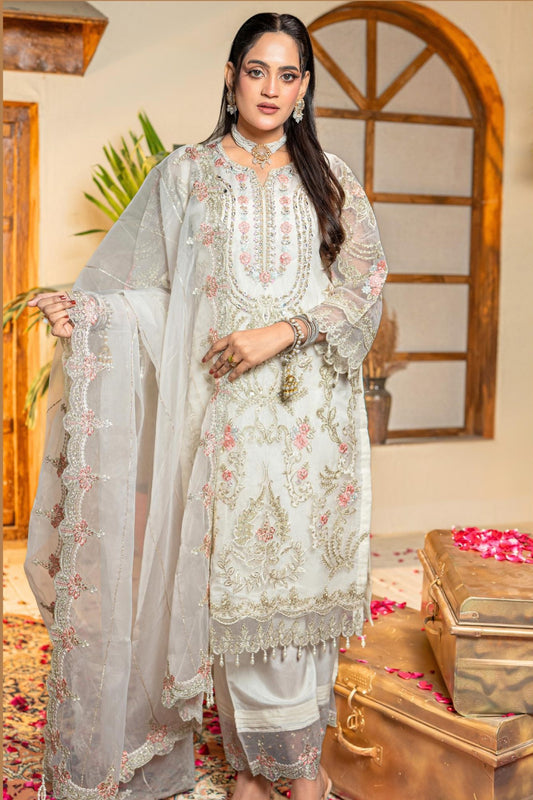 White Embroidered Formal Dress – Luxury Pakistani Party Wear | OPAL WHITE