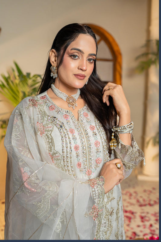White Embroidered Formal Dress – Luxury Pakistani Party Wear | OPAL WHITE
