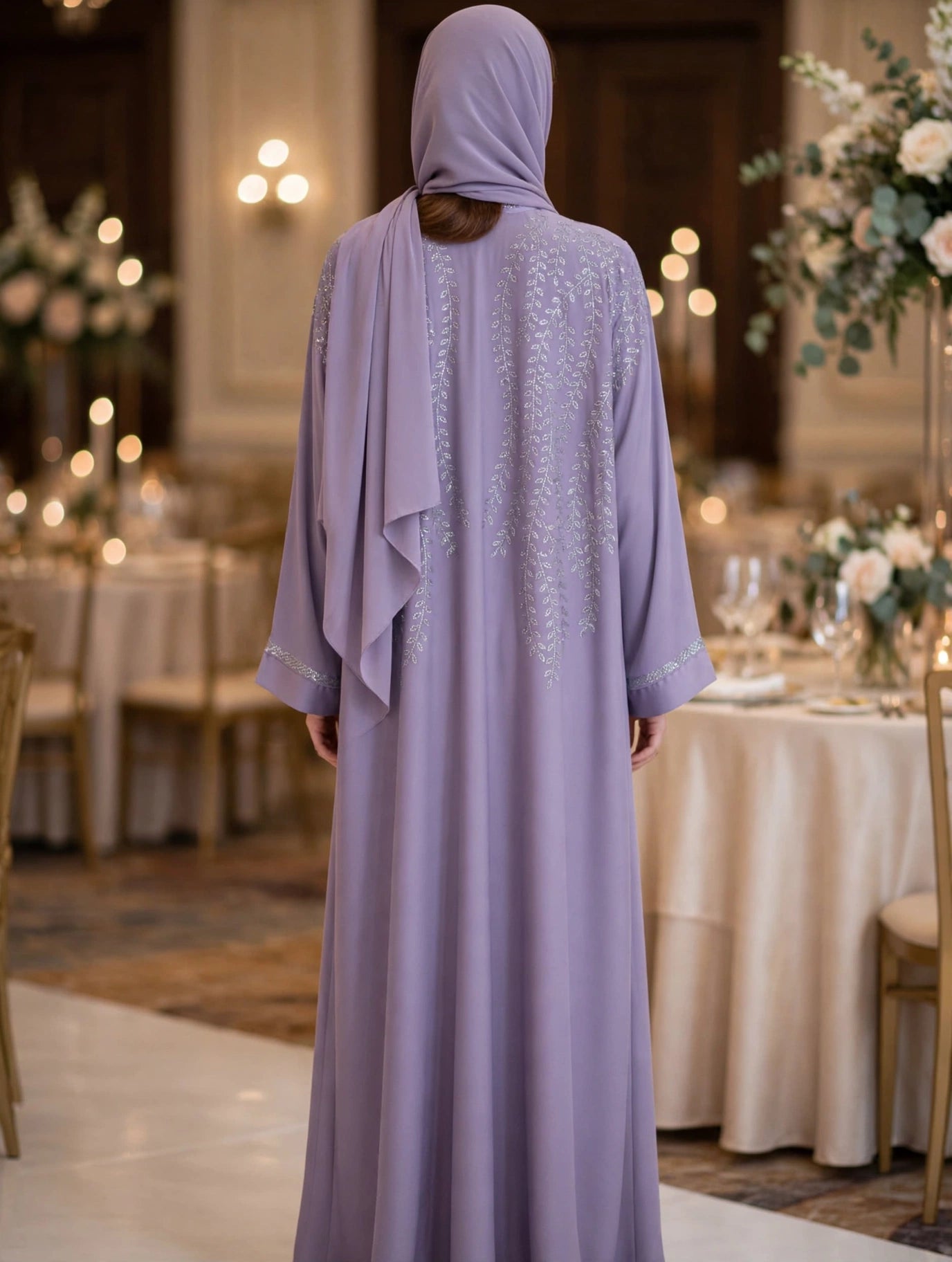Lavender Silver Stonework Open Abaya - ZEENAT