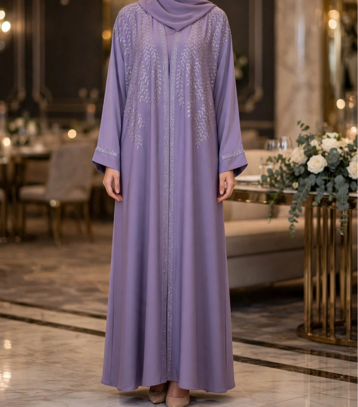 Lavender Silver Stonework Open Abaya - ZEENAT