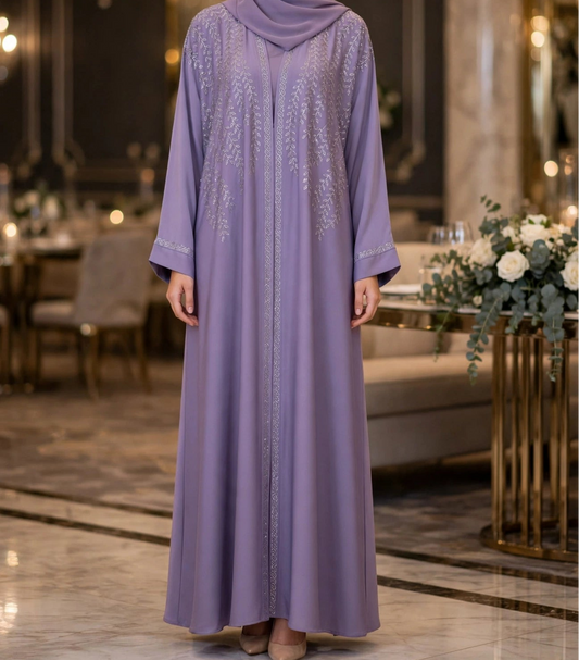 Lavender Silver Stonework Open Abaya - ZEENAT