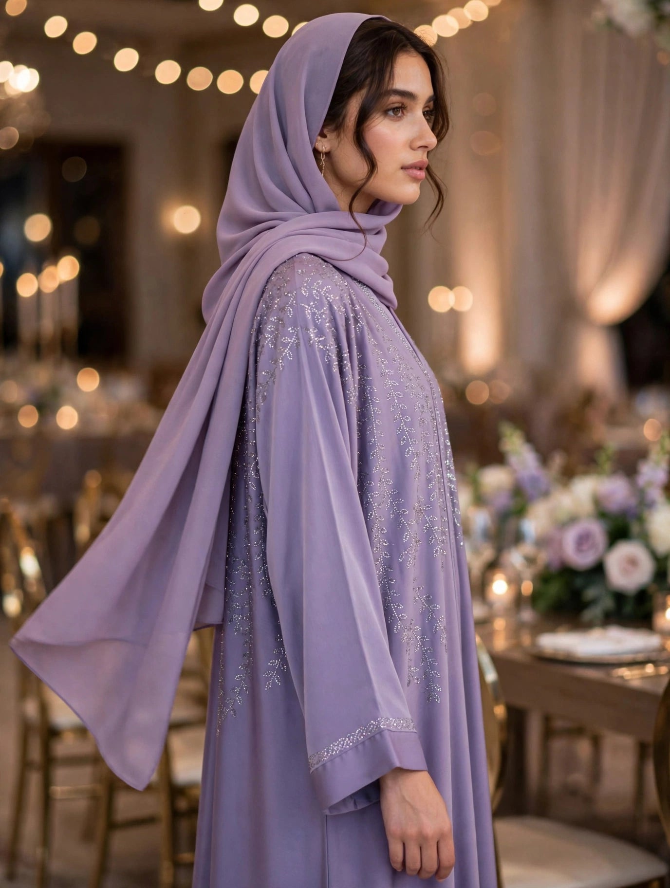Lavender Silver Stonework Open Abaya - ZEENAT