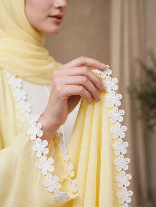 LEMON & White Open Front Abaya with Matching Chiffon Hijab- INAARA