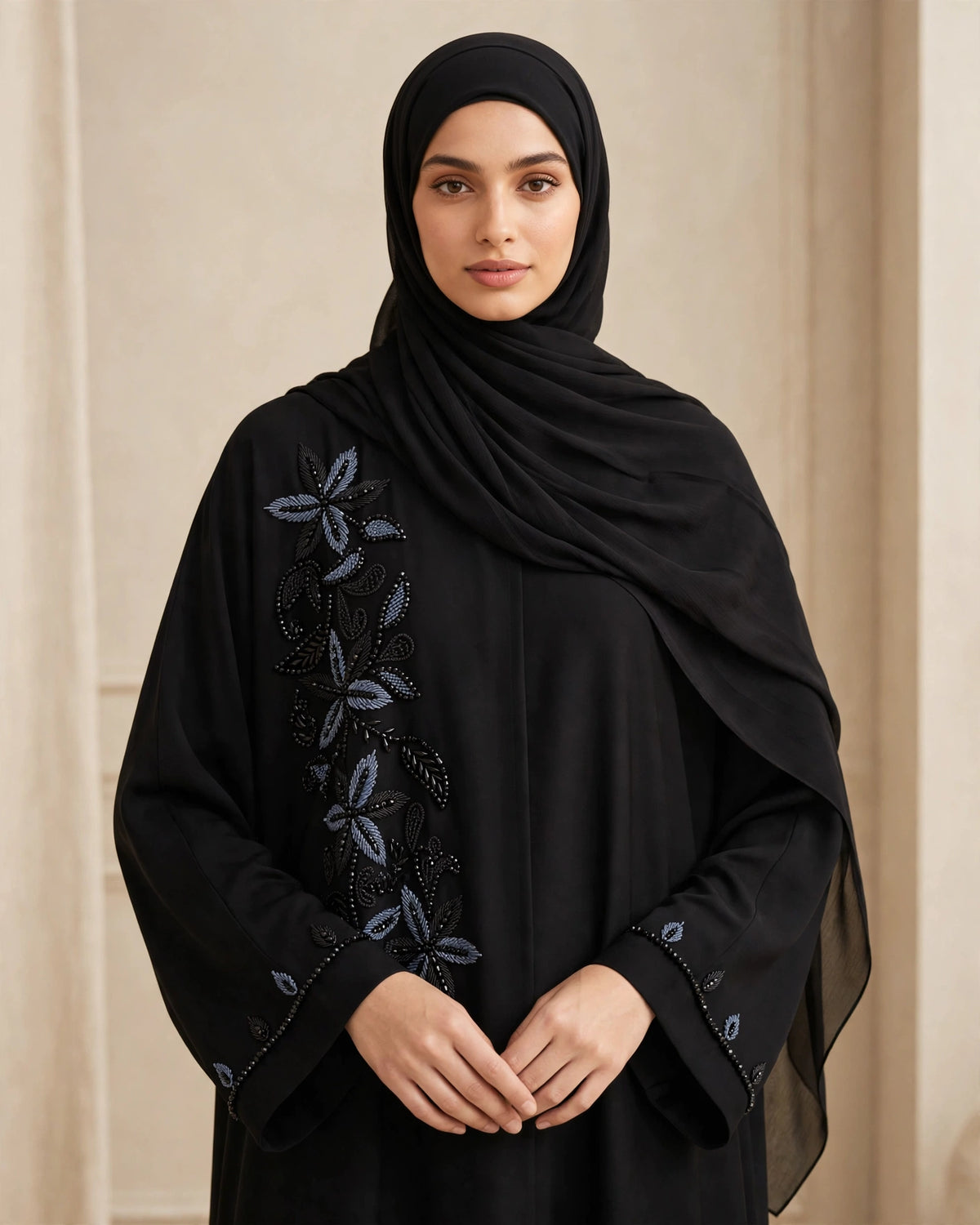 Black Open Abaya with Blue Floral Leaf Embroidery & Beaded Side Panel | Alvira