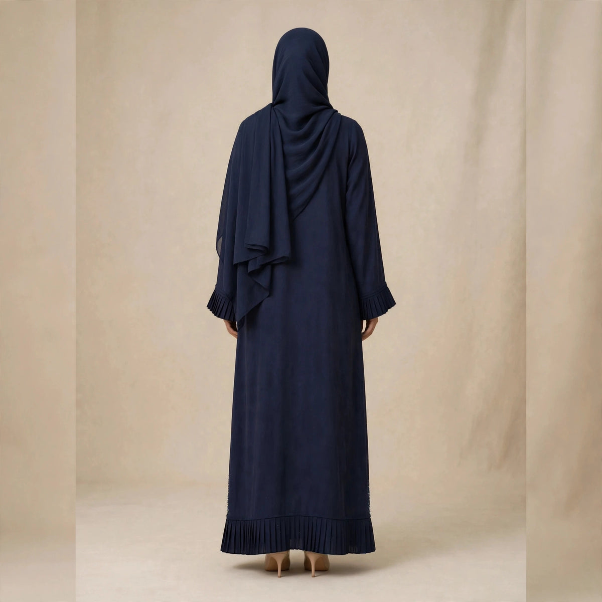 Navy Blue Embroidered Open Abaya with Pleated Hem & Matching Hijab - NEHLA