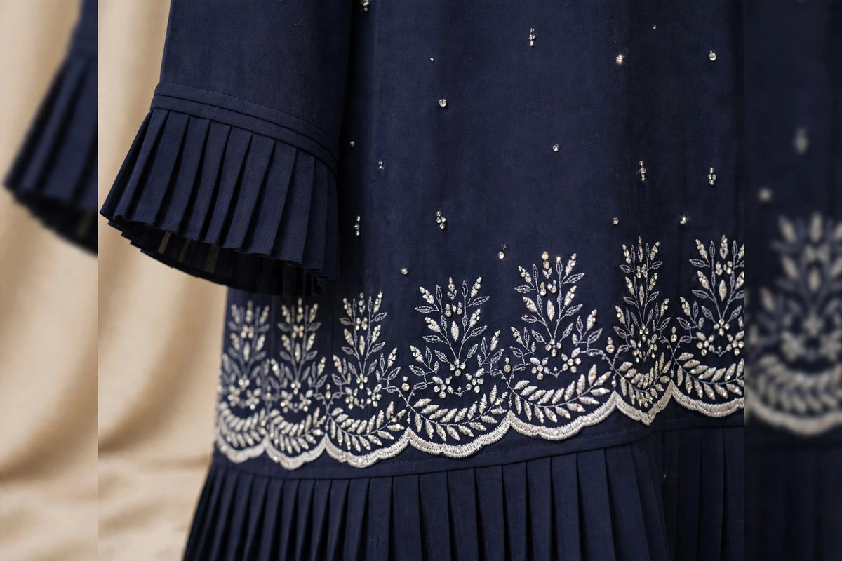 Navy Blue Embroidered Open Abaya with Pleated Hem & Matching Hijab - NEHLA