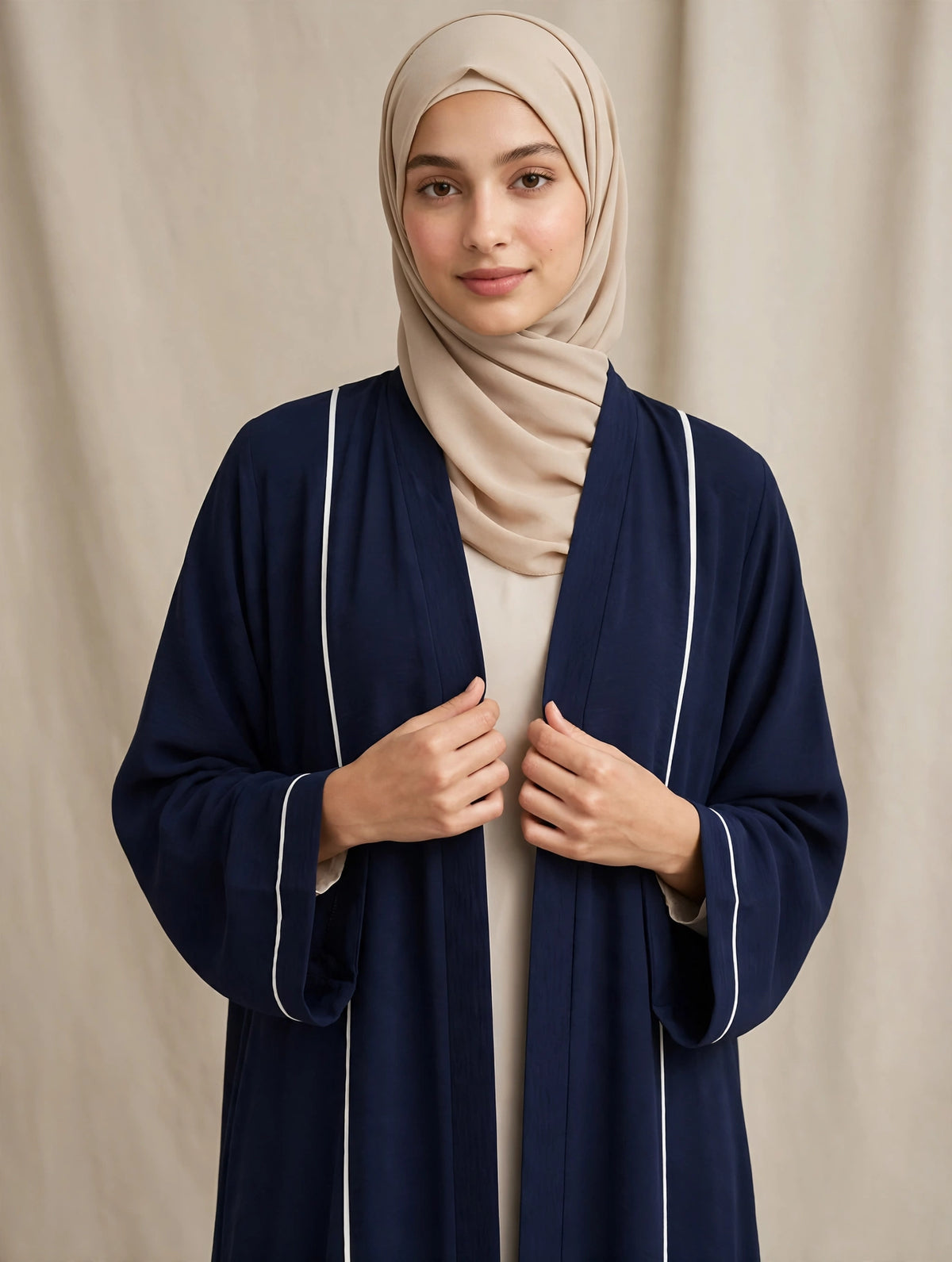 Premium Navy Blue Open Abaya with White Piping | CY MIST