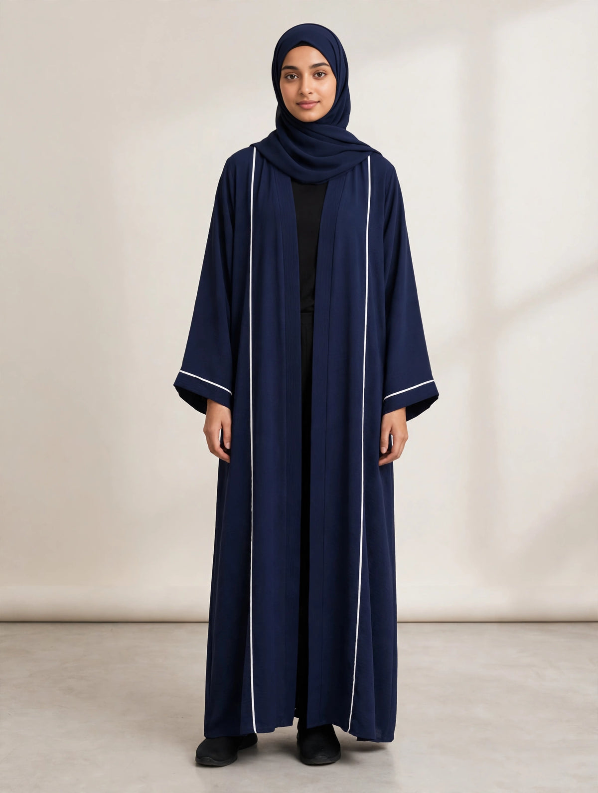 Premium Navy Blue Open Abaya with White Piping | CY MIST