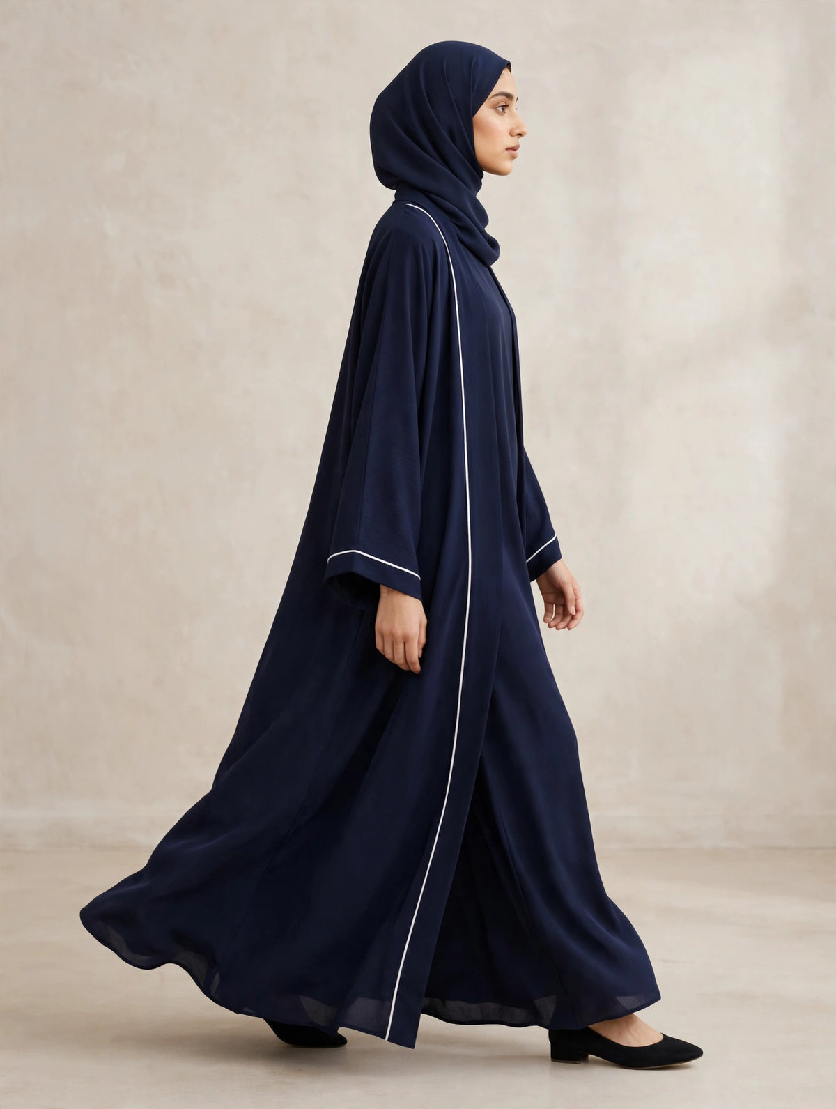 Premium Navy Blue Open Abaya with White Piping | CY MIST