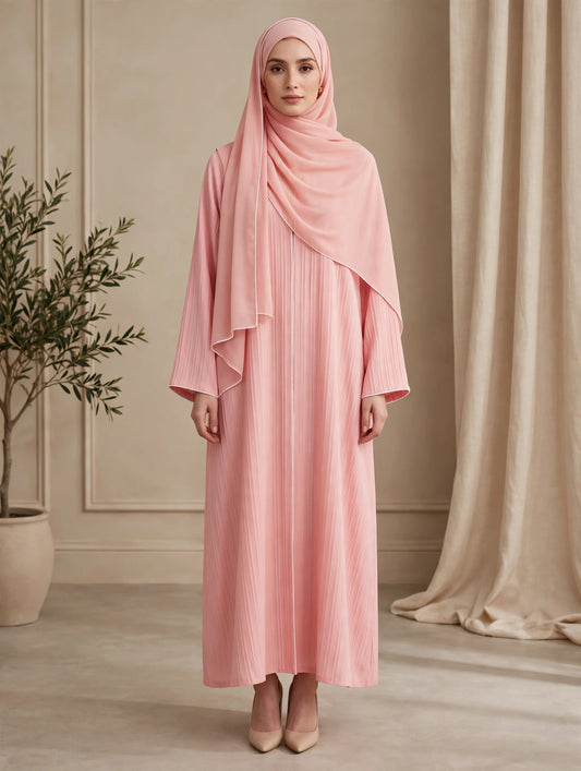 Blush Pink Pleated Abaya with Matching Hijab- SABA