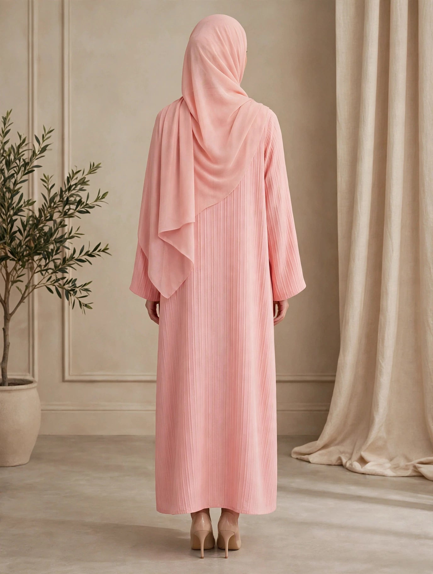 Blush Pink Pleated Abaya with Matching Hijab- SABA