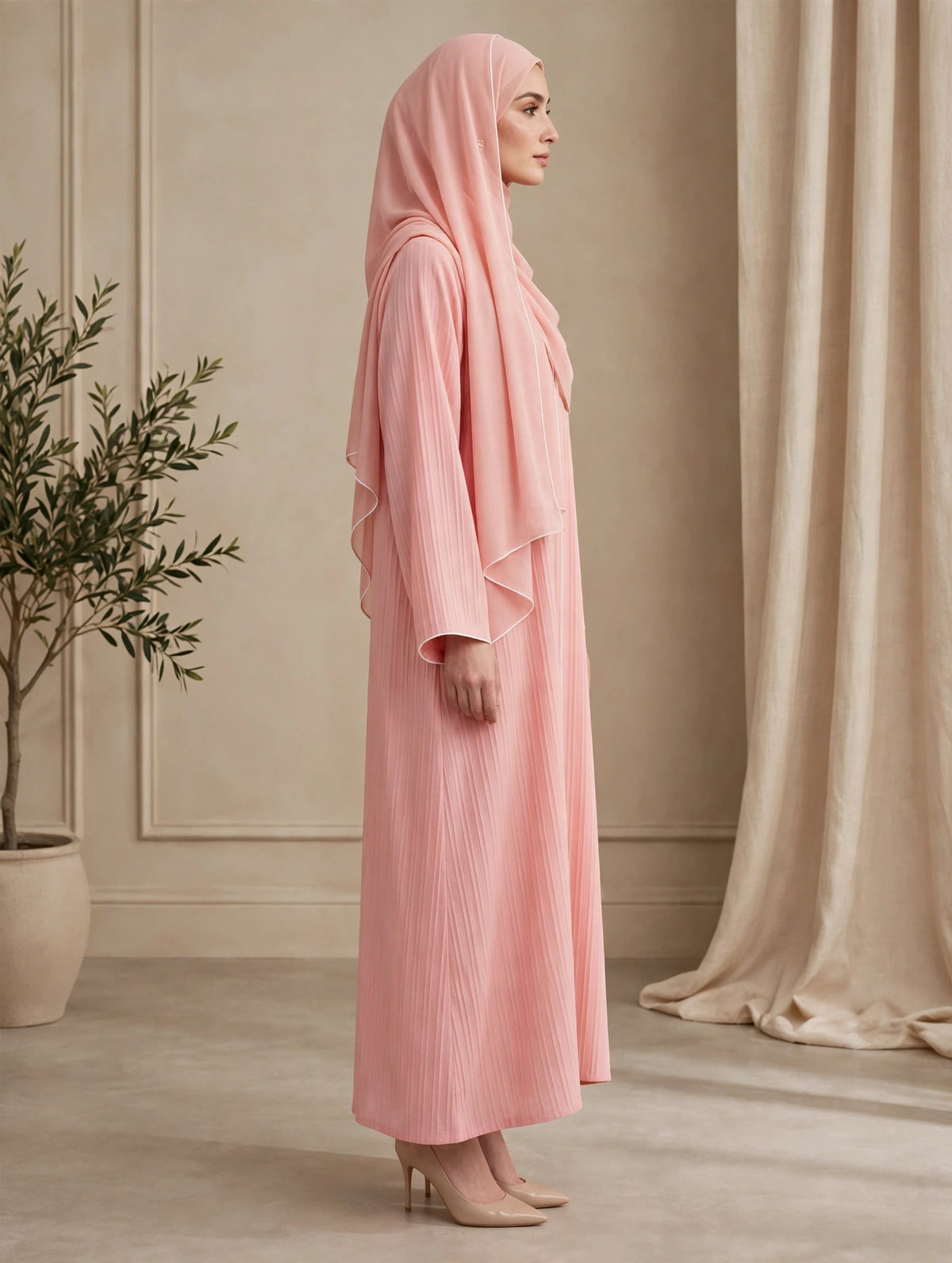 Blush Pink Pleated Abaya with Matching Hijab- SABA