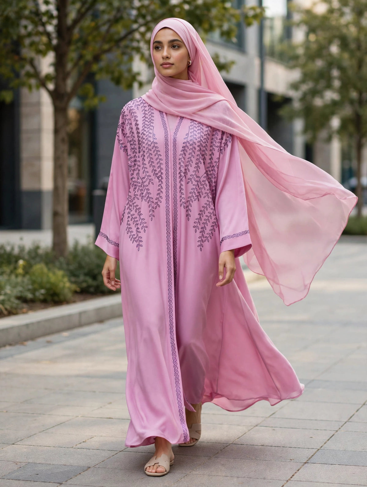 Pink Stonework Abaya - ZEENAT