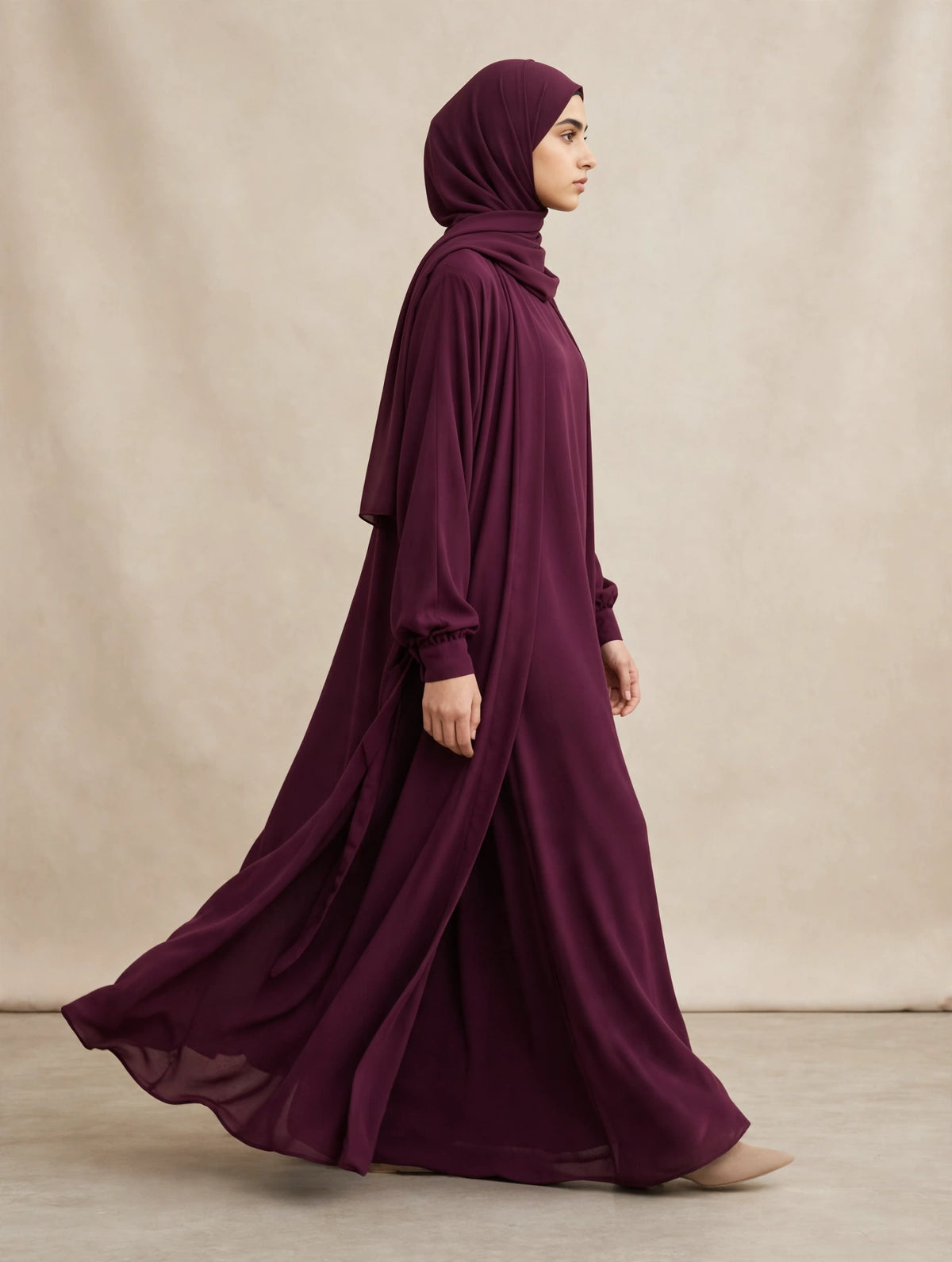 Premium Plum Open Abaya with Side Tie Detail | RIDA