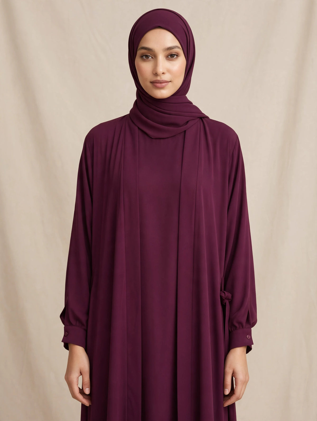 Premium Plum Open Abaya with Side Tie Detail | RIDA
