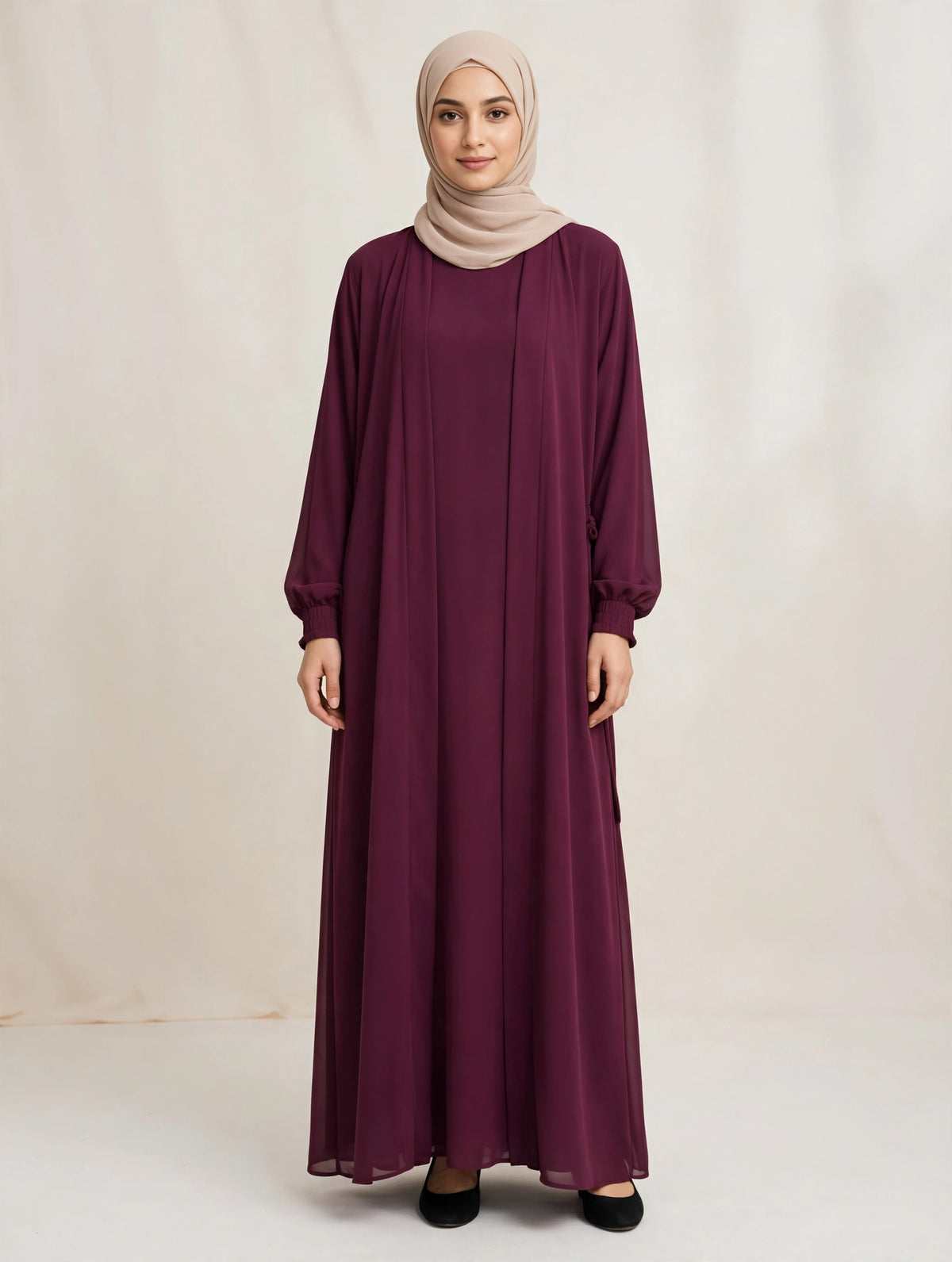 Premium Plum Open Abaya with Side Tie Detail | RIDA