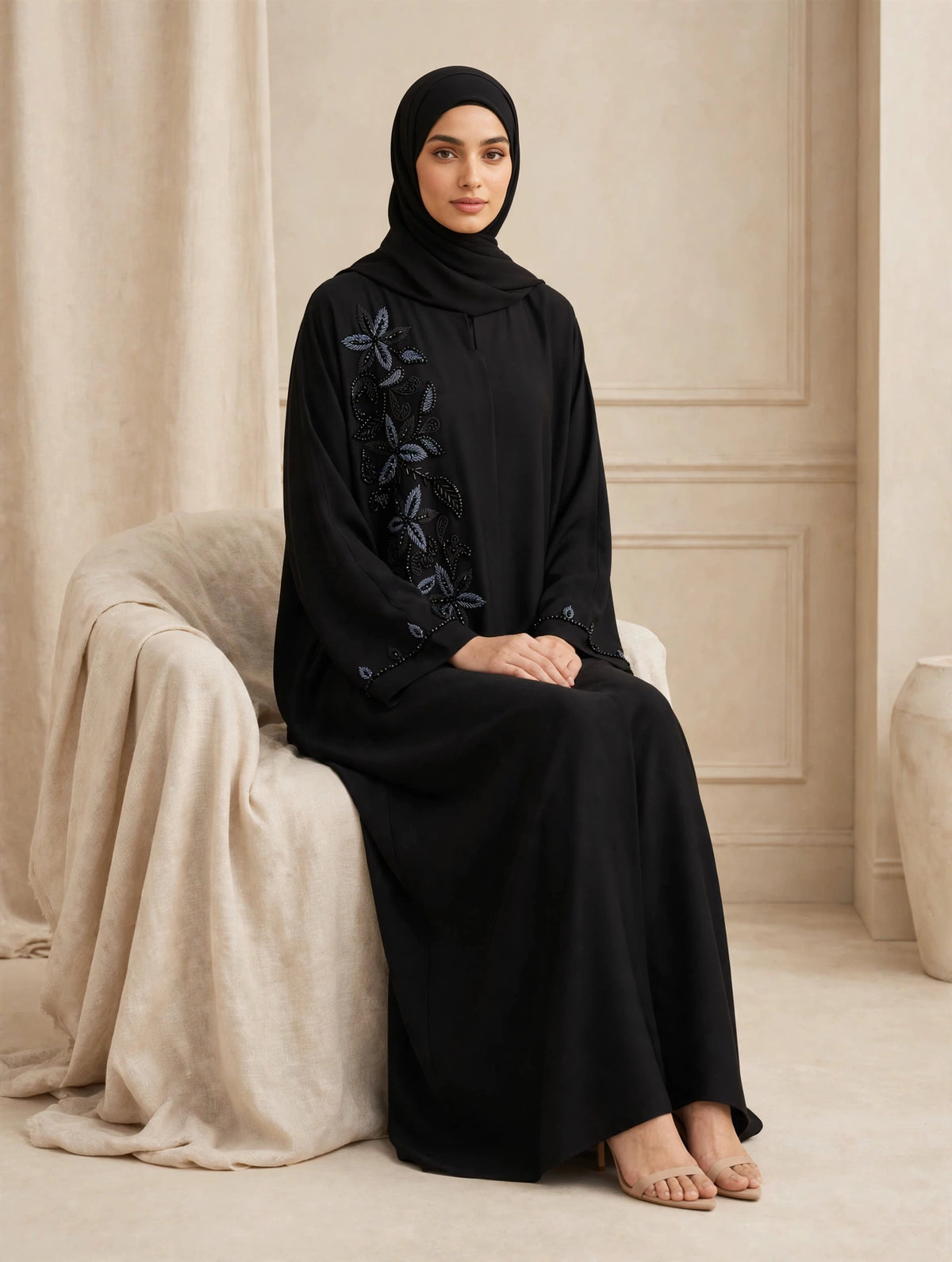 Black Open Abaya with Blue Floral Leaf Embroidery & Beaded Side Panel | Alvira