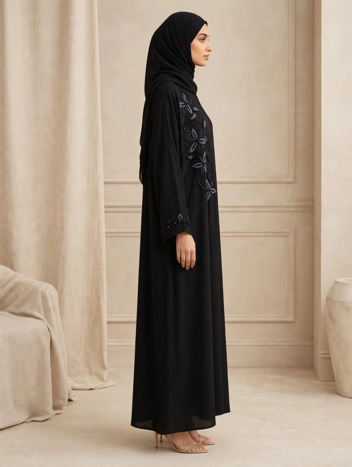 Black Open Abaya with Blue Floral Leaf Embroidery & Beaded Side Panel | Alvira