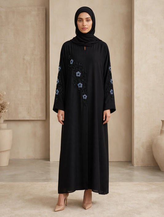 Black Closed Abaya with Blue Floral Beaded Sleeve Embroidery | LAYLA