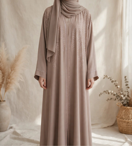 Taupe Gold Stonwork Open Abaya - ZEENAT