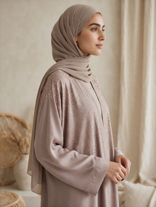 Taupe Gold Stonwork Open Abaya - ZEENAT