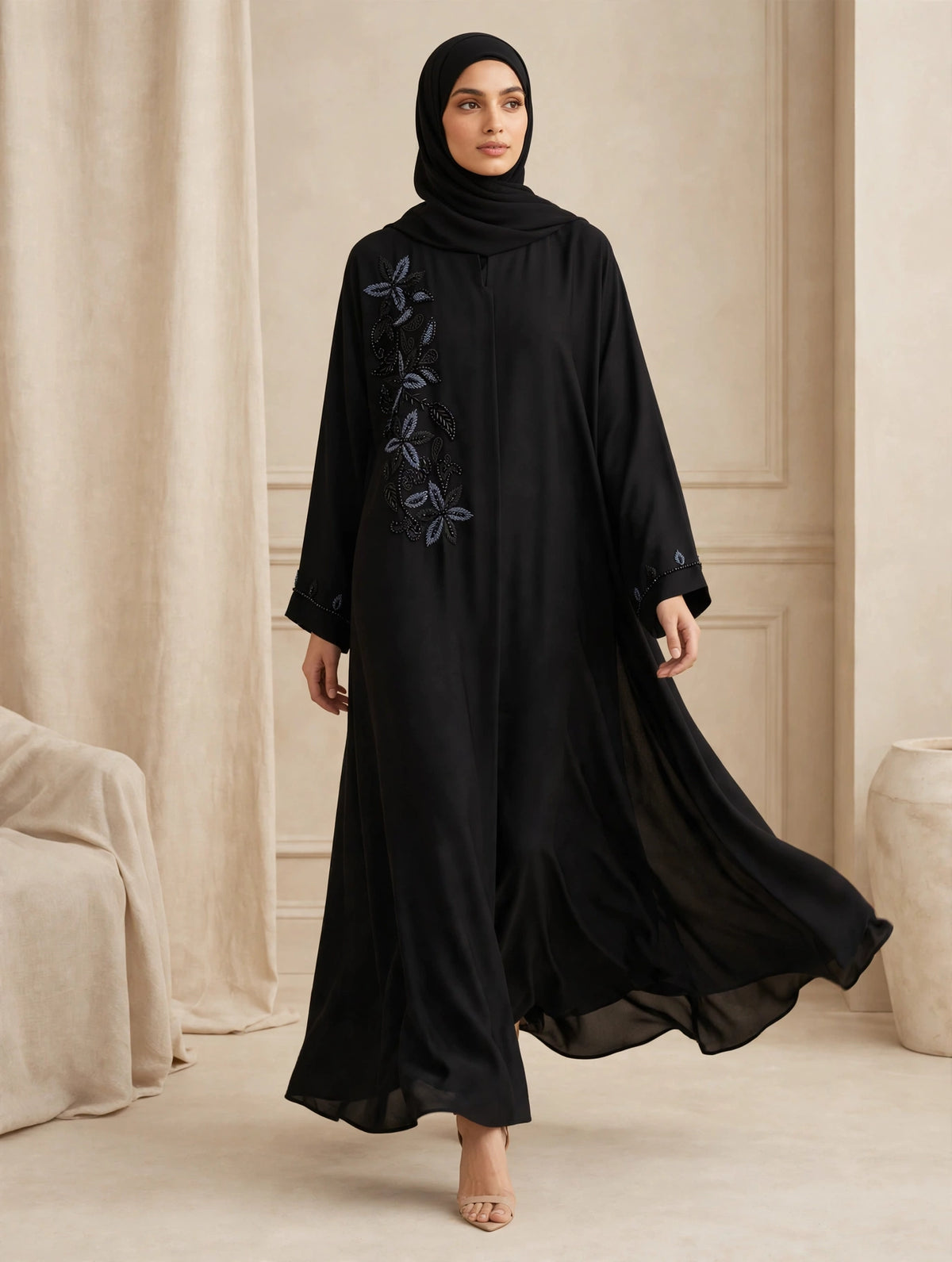 Black Open Abaya with Blue Floral Leaf Embroidery & Beaded Side Panel | Alvira