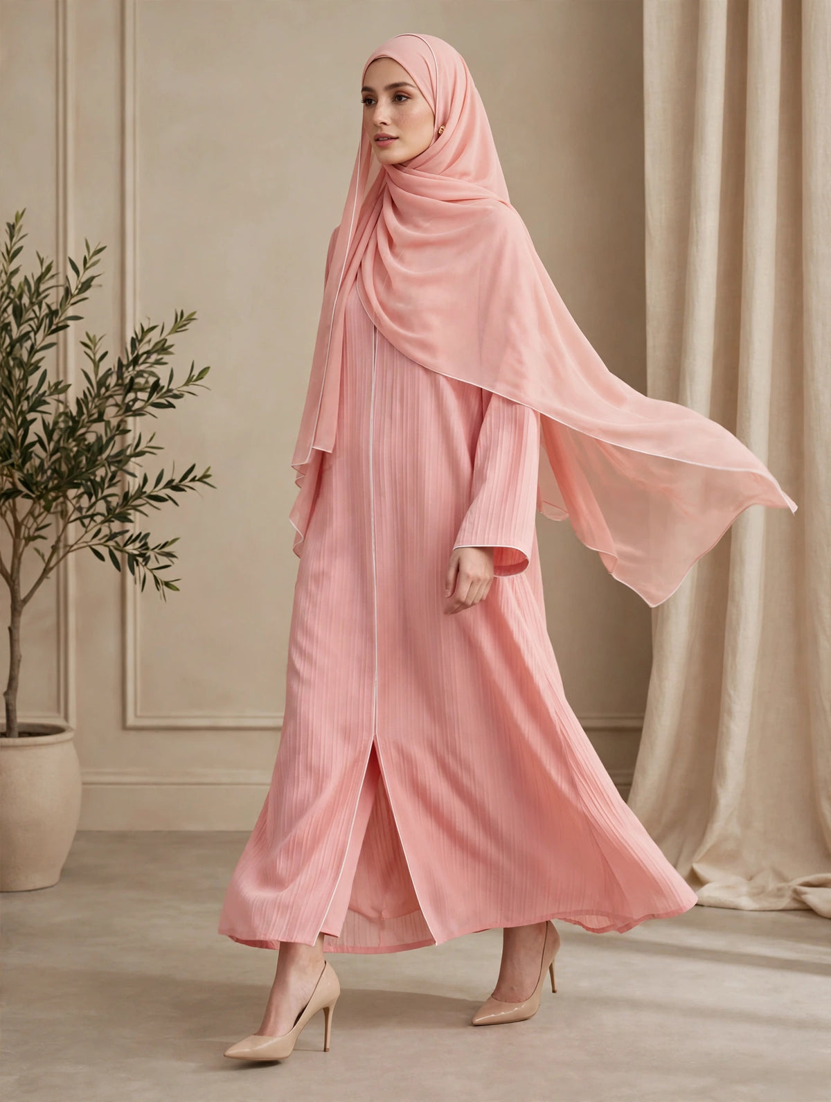 Blush Pink Pleated Abaya with Matching Hijab- SABA