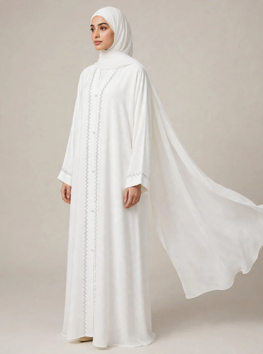 Pearl White Embroidered Abaya - ZIGZAG