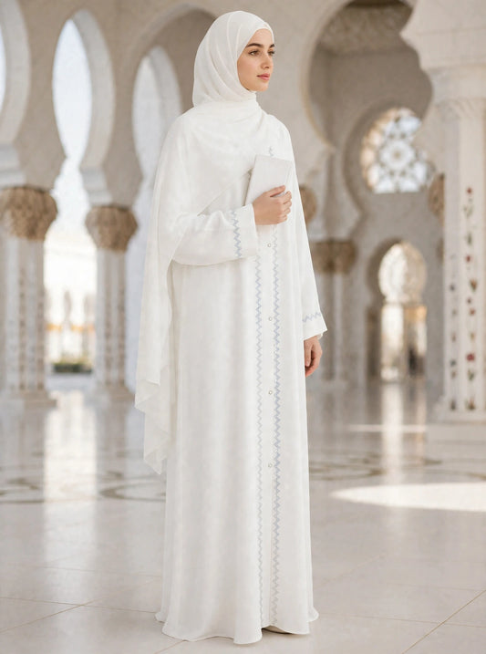 Pearl White Embroidered Abaya - ZIGZAG