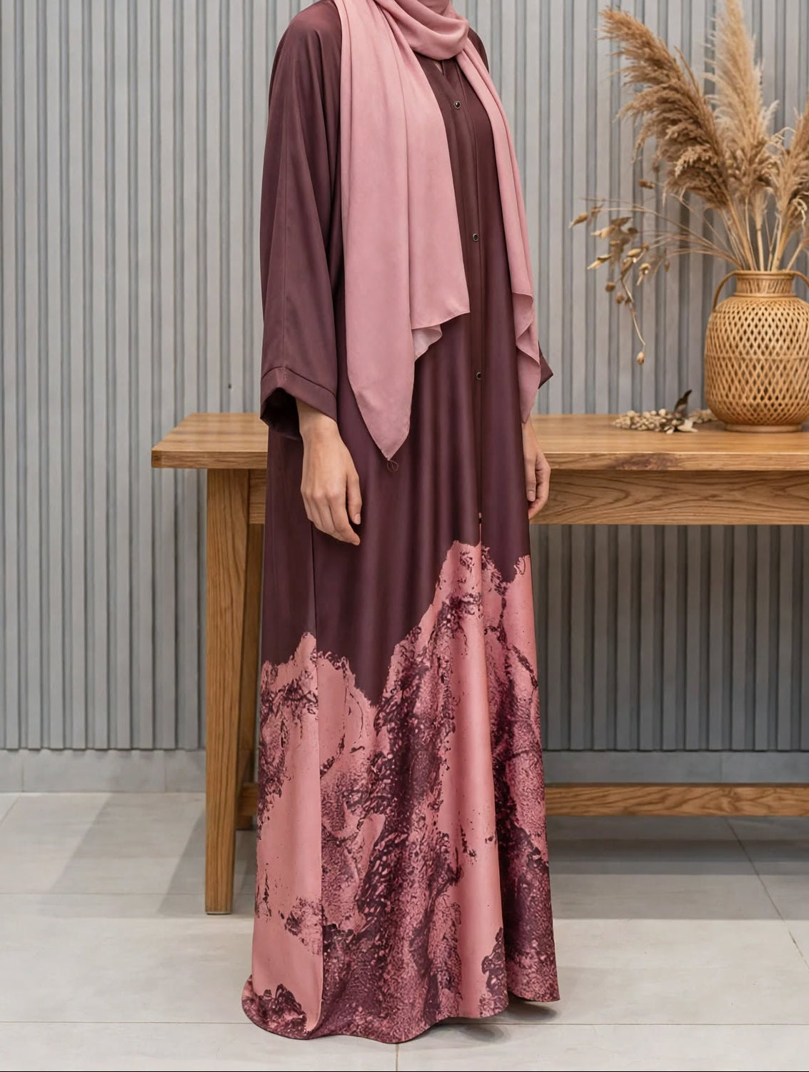 Printed Hem Satin Abaya - Amber A